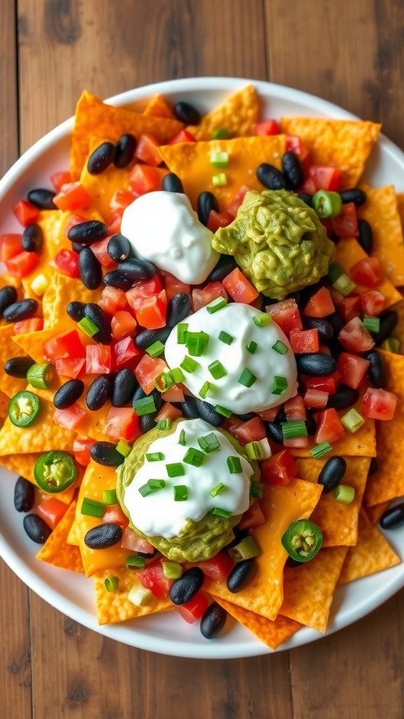 A colorful dish of 7-layer nachos topped with cheese, beans, tomatoes, and garnished with sour cream and guacamole.
